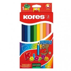 Creioane colorate 12 culori/set cu ascutitoare, triunghiulare, Jumbo Kores - ACOMI.ro
