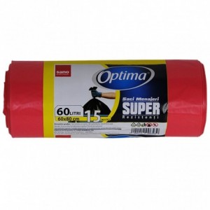 Saci gunoi menajer super rezistenti, SANO Professional Optima, 60 L, 60x80 cm, 15 buc/rola, rosu - ACOMI.ro